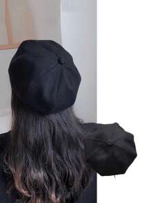 1頂女式黑色羊絨貝雷帽,帽面帶有雲朵設計,適合日常穿著的時髦復古畫家帽 - 黑色 - 查看 2