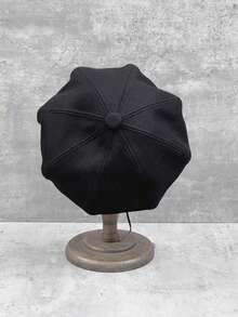 1頂女式黑色羊絨貝雷帽,帽面帶有雲朵設計,適合日常穿著的時髦復古畫家帽 - 黑色 - 查看 3