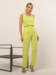 Conjunto linho feminina Blusa ombro largo sem manga com calça reta | Conjunto de duas peças casual de verão