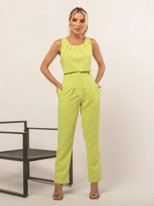 Conjunto linho feminina Blusa ombro largo sem manga com calça reta | Conjunto de duas peças casual de verão