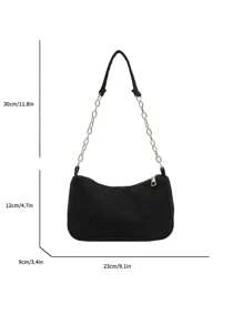 Corduroy Solid Color Casual Lightweight High Capacity Shoulder Bag With Chain Strap For Women - Black - View 3