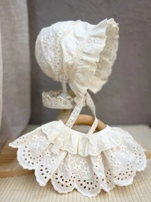 1pc Infant & Toddler Girls' Beige Lace Elegant Bib & Hat Set, Suitable For Everyday Outdoor Wear