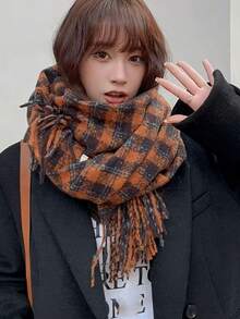 1pc Women'S Winter Plaid Scarf, Two-Sided Tassel Shawl, Fashionable And Simple, Keep Warm - Rust - View 3