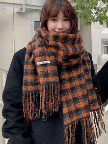 1pc Women'S Winter Plaid Scarf, Two-Sided Tassel Shawl, Fashionable And Simple, Keep Warm - Rust - View 2