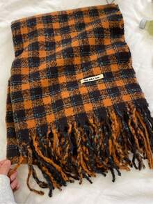 1pc Women'S Winter Plaid Scarf, Two-Sided Tassel Shawl, Fashionable And Simple, Keep Warm - Rust - View 5