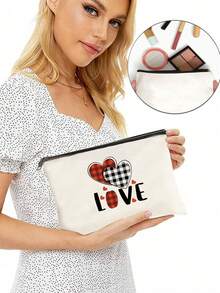 LOVE格子心形卡通印花拉鍊袋，輕便旅行包，多功能便攜化妝包，作為送給朋友或家人的禮物，輕巧多用途的手拿包，可用作多種用途的收納袋。 - 米色 - 查看 4