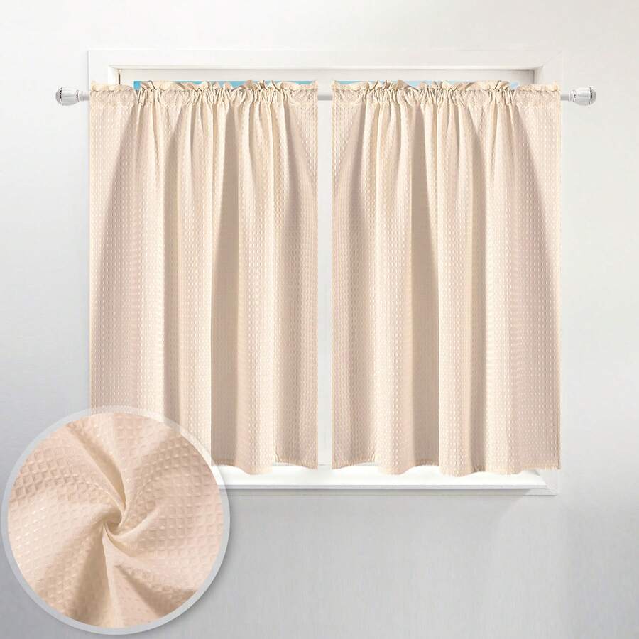 2pcs/Set Light Pink Waffle Weave Semi-Sheer Window Curtains. Waterproof Bathroom Window Curtains, Suitable For Cafe And Kitchen - Baby Pink - View 1