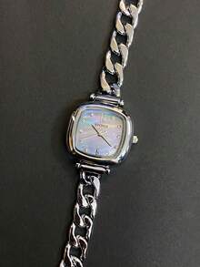 EPOPER 1錶女性方形錶盤銀銅帶,珍珠母貝錶盤,防水功能,鑲有水晶石,適合日常穿著,通勤,約會,女孩夜出,送禮 - 銀色 - 查看 1