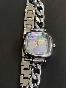 EPOPER 1錶女性方形錶盤銀銅帶,珍珠母貝錶盤,防水功能,鑲有水晶石,適合日常穿著,通勤,約會,女孩夜出,送禮 - 銀色 - 查看 2