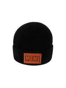 冬季婴儿无檐便帽 - 带仿皮标签的针织帽 - 适合幼儿男孩和女孩的保暖钩针帽，适合 0-4 岁 - 黑色 - 查看 2