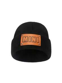 冬季婴儿无檐便帽 - 带仿皮标签的针织帽 - 适合幼儿男孩和女孩的保暖钩针帽，适合 0-4 岁 - 黑色 - 查看 1