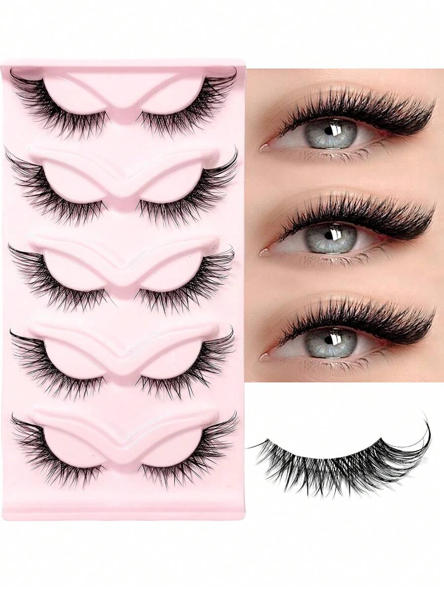 Asiteo 5 Pairs Cartoon Style Cat Eye False Eyelashes, 3D Natural Transparent With Fluffy Soft Criss-Cross Lashes, Delicate Natural Eyelash Extensions For Makeup - 眼尾拉長款 - 查看 1
