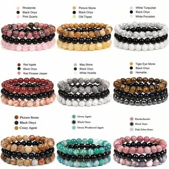 3pcs/Set 8mm Natural Stones Elastic Beaded Bracelet Combination Of Rhodonite, Rose Quartz, Amethyst, Black Agate, Hematite For Yoga, Meditation And Relaxation