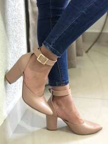 Stilettos bajos para dama con tacon ancho y correa de moda - Beis - Ver 2