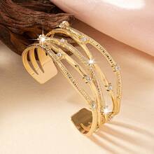 1條幾何形狀金屬線和鑽石裝飾的手鐲,適用於女性 - 金黃色 - 查看 2