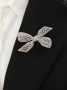 1pc High-End & Elegant Full Rhinestone Bowknot Shaped Brooch, Platinum Plating, Bridal Accessory - Silver - View 1