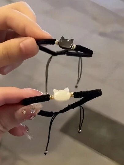 2 piezas Pulsera de gato minimalista y linda hecha a mano en blanco y negro, accesorio de joyería para fiestas