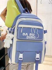 4pcs/Set Fashionable Simple & Cute Style Large Capacity Multi-Pocket Practical Blue Canvas Backpack Bag, For Ladies' Daily Work, Casual Day Out, Travel, With Shoulder Straps, Hand Strap, Pen Case & Pendant Decoration, Student Bag Sets With Pencil Case, School Bag With Pouch For Women