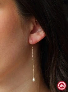 1 对 925 纯银链条流苏珍珠耳坠耳环耳钉长线 18K 镀金耳坠耳环女士珠宝 - 金色 - 查看 1