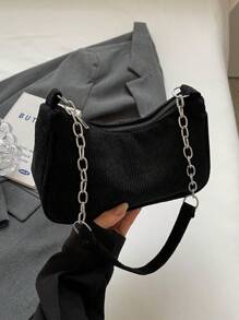 Corduroy Solid Color Casual Lightweight High Capacity Shoulder Bag With Chain Strap For Women - Black - View 8