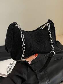 Corduroy Solid Color Casual Lightweight High Capacity Shoulder Bag With Chain Strap For Women - Black - View 9