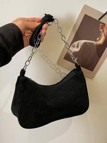 Corduroy Solid Color Casual Lightweight High Capacity Shoulder Bag With Chain Strap For Women - Black - View 4