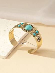 1pc Vintage Turquoise & Antique NT Silver Geometric Wide Opening Bracelet With Metal Flower Decoration, Fashionable Gift - Yellow Gold - View 2
