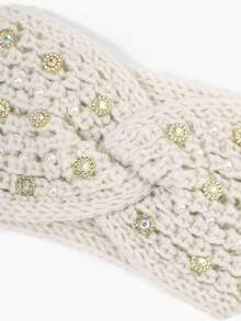 1pc Lady'S Thick Knitted Headband With Pearls, Double Layers And Rhinestones For Autumn/Winter, Suitable For Daily Outfits - Beige - View 3