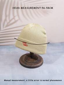 1 件米色男女通用 Y2K 风格刺绣“Good Vibes”针织滑雪帽，多功能户外冬季保暖帽，适合休闲通勤冬季圣诞帽男士无檐滑雪帽 - 米色 - 查看 4