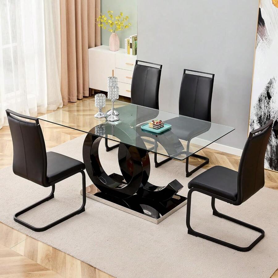 WLVOS 7 Pieces Dining Set, 63" Rectangular Glass Dining Table With 6 Faux Leather Dining Chairs, 0.39" Tempered Glass And OC Metal Special-Shaped Bracket, For Kitchen Dining Room Living Room - 1桌+4黑椅 - 查看 1