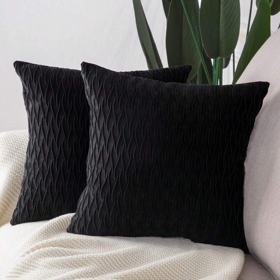 A Super Soft Velvet Embossed Striped Decorative Unfilled Throw Pillow Cover, A Luxurious Modern Square Texture Bohemian Striped Square Set, Suitable For Sofas, Bedrooms, Casual Living, Cars, Living Rooms, Offices, Cafes And Other Leisure Places, Available In All Seasons. - Black - View 1