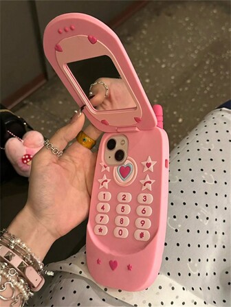 1pc Korean Cute 3D Hot Pink Big Cellphone Model Flip Mirror Silicone Phone Case Compatible With IPhone 16 15 14 13 12 Pro Max 11 Shockproof Soft Cover Gift