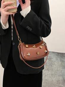 冬季 PU 纯色女士时尚徽章心形单肩斜挎包，街头休闲通勤优雅单肩包，防水女士百搭贝壳造型斜挎包 - 咖啡棕 - 查看 2