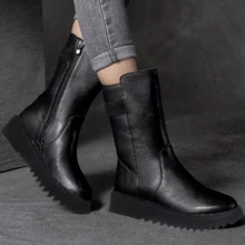 秋冬新款圓頭平底女士過膝靴,磨砂皮表面,側拉鏈,純色,全配搭風格 - 黑色 - 查看 4