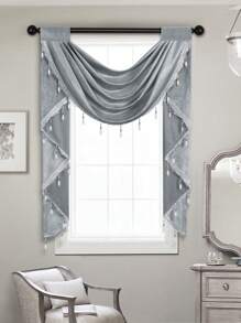 1pc Solid Color Hollow Out Embroidered European Style Luxury Curtain With Beaded Edge, Italian Material, Adjustable Width, Suitable For Living Room, Bedroom, Window And Door Decoration - Grey - View 7