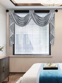1pc Solid Color Hollow Out Embroidered European Style Luxury Curtain With Beaded Edge, Italian Material, Adjustable Width, Suitable For Living Room, Bedroom, Window And Door Decoration - Grey - View 8