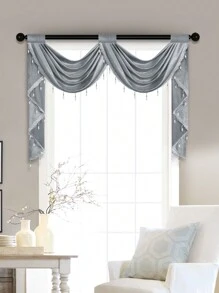1pc Solid Color Hollow Out Embroidered European Style Luxury Curtain With Beaded Edge, Italian Material, Adjustable Width, Suitable For Living Room, Bedroom, Window And Door Decoration - Grey - View 5