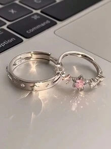 2 piezas de anillos de pareja minimalistas y dulces con pentagrama de cobre y circonita, apropiados para fiestas, eventos y uso diario, regalo de San Valentín, mamá, madre, Día de la Madre