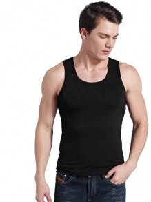 男士修身款透氣吸汗運動內衣,背部設計的運動背心 - 黑色 - 查看 1