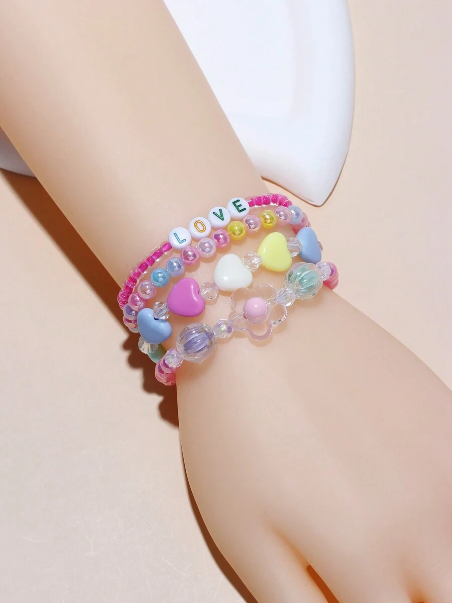4 件套儿童串珠手链，彩色亚克力珠，心形首饰，手链配件 - 彩色 - 查看 1