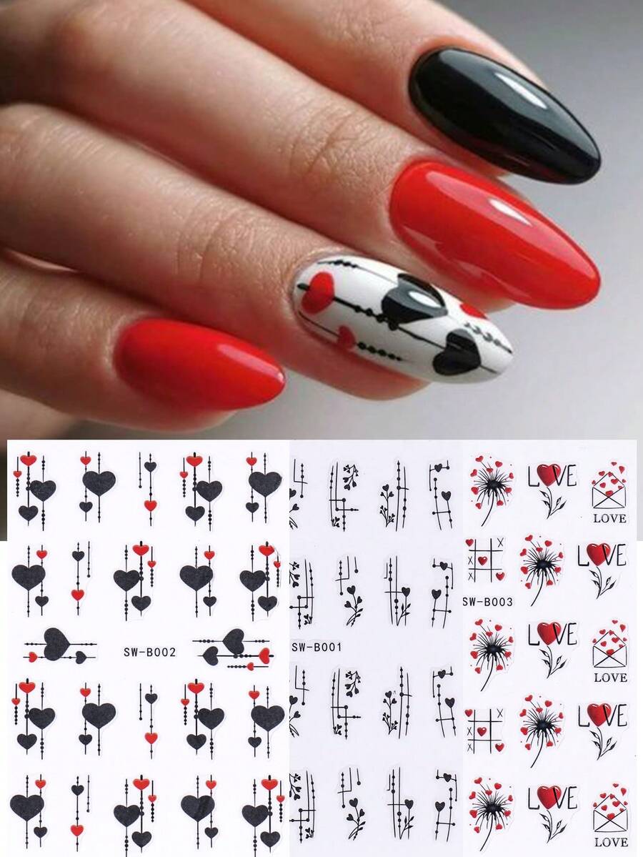 3片/套 3D极简黑红美甲贴纸，情人节爱心线条设计，独特美甲贴花，美甲装饰，美甲配件，女士及女孩美甲用品 - 彩色 - 查看 1
