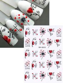 3片/套 3D极简黑红美甲贴纸，情人节爱心线条设计，独特美甲贴花，美甲装饰，美甲配件，女士及女孩美甲用品 - 彩色 - 查看 4