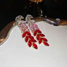 1pair 925 Silver Needle Dangle Earrings With Gradual Change Color Leaf & Tassel & Rhinestone, Chic & High-end French Style Jewelry Gift For Women's Daily Wear Occasion - Red - View 2