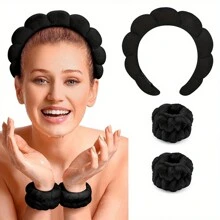 女性專用spa頭帶和手帶,洗臉護膚頭帶和手帶,化妝頭帶手繩蓬鬆海綿spa頭帶,毛巾布料泡泡頭帶,用於護膚、卸妝的mimi And Co Spa頭帶 - 粉色 - 查看 8