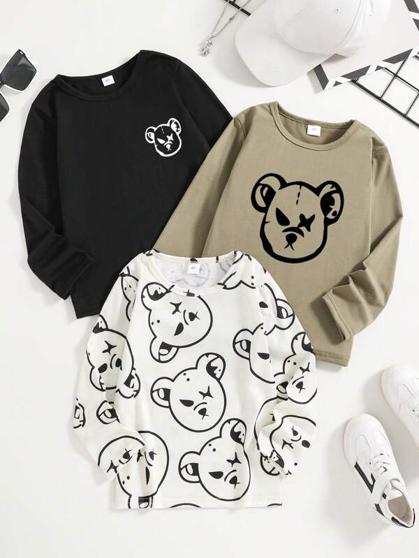 3 Piezas Camisetas De Manga Corta Con Estampado De Oso Para Niños Pequeños