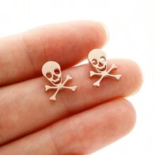 1對骷髏萬聖節耳環,適用於萬聖節派對,骷髏頭耳穿耳環派對裝飾 - 玫瑰金 - 查看 2