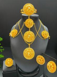 1 件項鍊、1 對耳環、1 件手鍊、1 件戒指、1 件髮夾、1 件頭鍊 - 6 件/套珠寶套裝適合婚禮、派對和日常佩戴、禮物 - 金黃色 - 查看 9