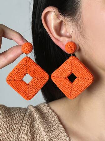 2入時尚創意幾何方形耳環，橙色耳飾，手工編織，女士耳環，波希米亞風格花朵耳環，夏天海灘假日配件