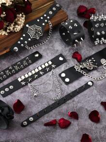 Yanxyad 1 Piece Spiked Studded Bracelet Black Leather Rivet Punk Bracelet Cuff Wrap Bangle Snap Button Metal Wristband For Men