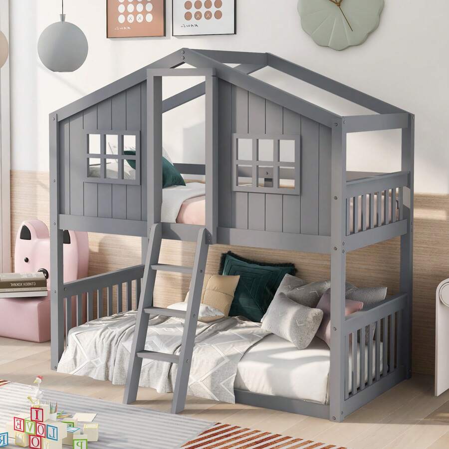 Nestfair Twin Over Twin House Bunk Bed With Ladder